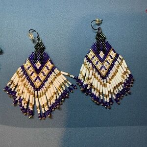 Elegant Beaded Fringe Earrings in Purple and Gold